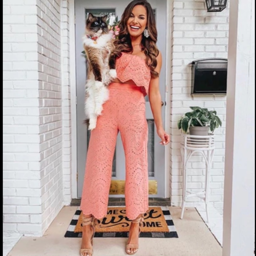 Blue Blush Coral Eyelet Off Shoulder 2 Piece Crop Pants Set